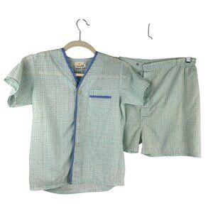 Vintage 60s 70s Remalder 2 Piece Boys Pajamas XL Blue Plaid Shirt Shorts PJ